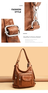 Detail of silver buckles and multi-pocket layout on a vintage brown leather handbag