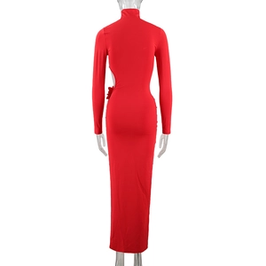 Back view of a red high-neck bodycon maxi dress with 3D flower detail and long sleeves
