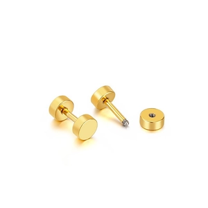 Minimalist gold screw back disc stud earrings with threaded bar for daily wear