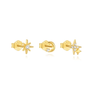 Detail of S925 silver star and moon stud earring set in gold with zircon stones