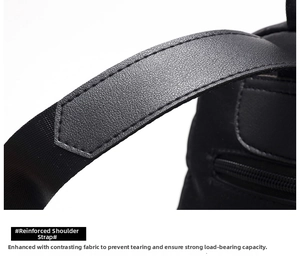 Reinforced shoulder strap detail with durable stitching on black Oxford fabric backpack