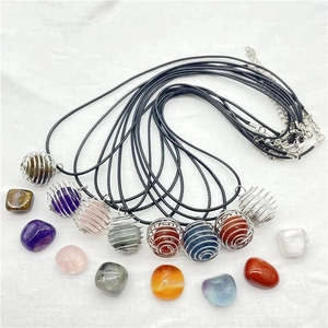 Set of 9 crystal necklace pendants with metal spiral cages and black braided cords