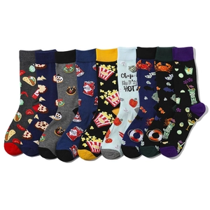 Colorful cotton crew socks featuring fun food patterns like pizza, beer, and popcorn prints