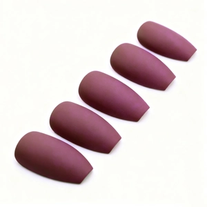 Matte wine red ballerina press-on nails set with coffin shape design on white background