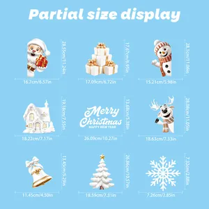 Size guide for Christmas window stickers featuring Santa, snowmen, and reindeer dimensions