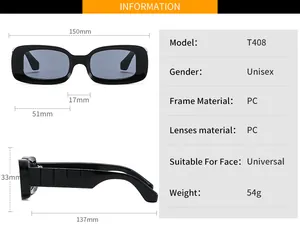 Detailed size chart for rectangular sunglasses showing frame width and lens dimensions