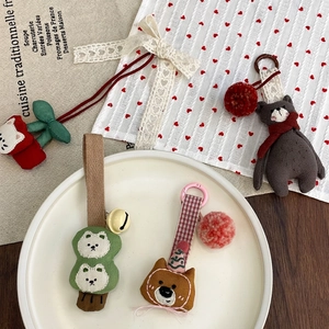 Cute Korean style cartoon bear fabric keychain pendant with bells and embroidery