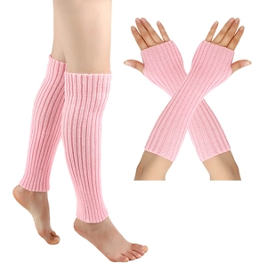 Pink rib-knitted leg warmer and arm sleeve set with soft stretch texture detail