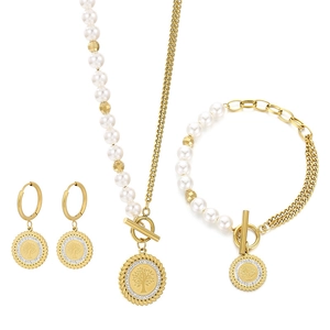 18K gold plated jewelry set with white pearls and sparkling tree of life pendants