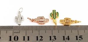 Detailed size comparison of multi-color cactus pendants with micro-pave zircons