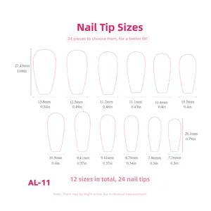 Detailed size chart for ballerina press-on nails with 12 sizes and 24 pieces set