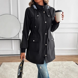 Detail of elegant black longline jacket with drawstring waist and striped lining