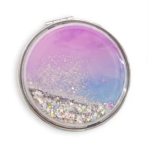 Folding round handheld makeup mirror with blue purple quicksand and sparkling star sequins