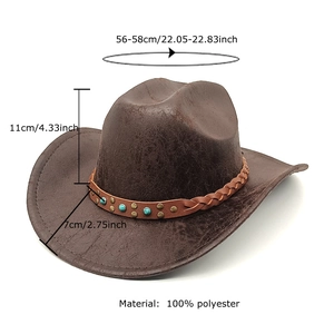 Brown western cowboy felt hat with turquoise beads and size dimensions specification