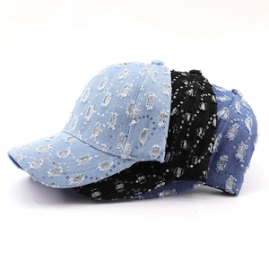 Distressed denim baseball caps with silver sequins in light blue, black, and dark blue