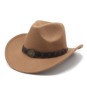 Classic camel wool western cowboy hat with woven band and vintage star metal ornament