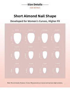 Size chart for short almond press-on nails featuring twelve sizes with specific measurements