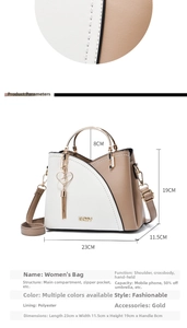 Detail view of contrast color handbag with dimensions, gold hardware, and heart tassel