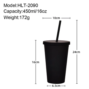 Matte black double-walled 16oz plastic straw cup with detailed size specifications