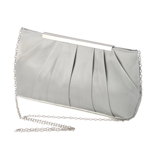 Close-up of silver pleated satin evening clutch with detachable metal chain strap