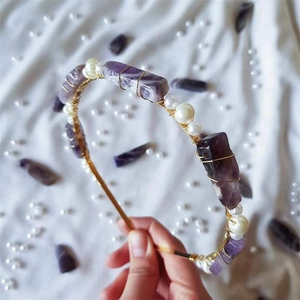 Handmade bohemian headband with natural purple amethyst and pearls on gold wire