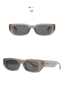Detail view of transparent grey rectangular sunglasses with thick temples showing model C8