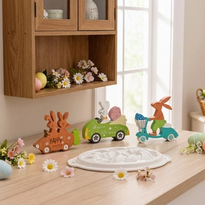 Easter rabbit wooden ornaments with carrot car and scooter on a white bunny relief tray