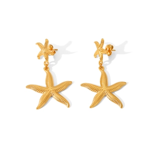 Detail of golden starfish drop earrings with textured metal finish and polished design