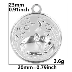 Detailed size view of silver fox and moon embossed round pendant, 23mm by 20mm dimensions