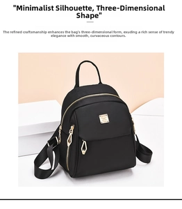 Detail of waterproof nylon backpack featuring gold dual zippers and metal brand emblem