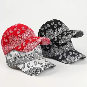 Retro paisley print baseball caps in red, black, navy, and white with cotton texture