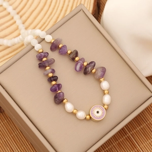 Bohemian natural stone necklace with amethyst, pearl, and evil eye pendant design