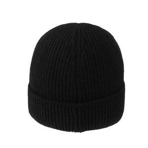 Classic black ribbed knit beanie with foldable cuff for winter warmth and style