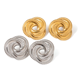 Minimalist spiral knot earrings in gold and silver finish with textured woven design