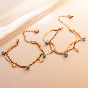 Fashion Titanium Steel Double Layered Snake Chain Bracelet For Women Gold Plated Blue Rhinestone Beads Leaf Star Pendant Jewelry