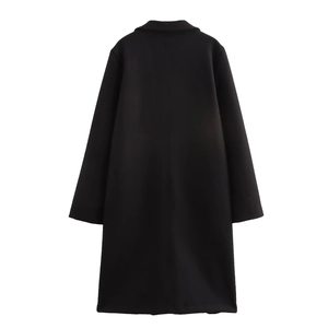 Back view of a long black wool coat with soft texture and button details