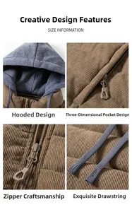Texture détaillée du gilet en velours côtelé marron avec capuche et poches zippées