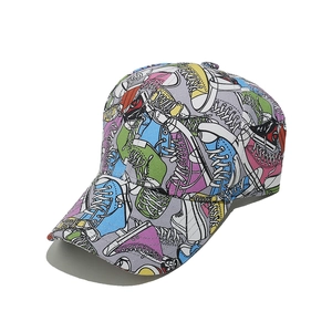 Detailed close-up of vibrant graffiti baseball cap with colorful cartoon shoe prints