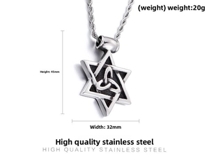 Detail view of retro steel hexagram pendant with dimensions 45mm by 32mm and 20g weight