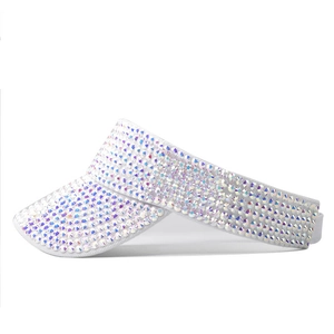 Sparkling white sun visor hat for women with AB iridescent rhinestones on white fabric