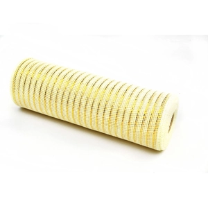 Macro detail of yellow deco mesh roll with metallic gold foil stripes for Christmas DIY