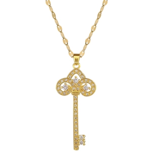 Luxury gold titanium steel crown key pendant necklace with sparkling crystal rhinestones