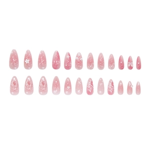 Pink cat-eye aurora butterfly press-on nails with 3D pearls and bow designs