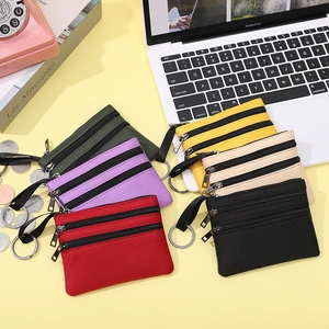 Porte-Monnaie À Fermeture Éclair Multi-Couches Mini Portefeuille En Tissu Polyester Avec Porte-Clés Petit Sac Couleur Unie