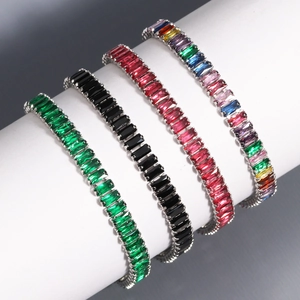 Set of four colorful rectangular zircon bracelets in emerald, black, pink and rainbow styles