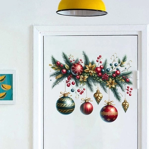 Christmas wall decal with red and green balls, pine branches and golden flowers on door