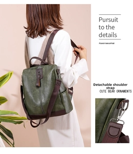 Detail of detachable shoulder strap on vintage green PU leather backpack for women