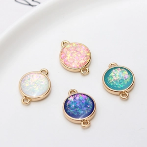 Gold-plated circular geometric double-loop pendants with opal glitter for DIY jewelry making