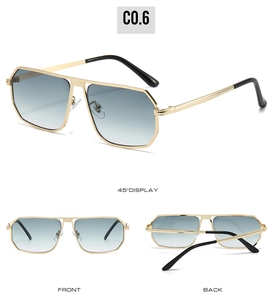 Detailed views of gold hexagon sunglasses with blue gradient lenses from three angles