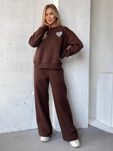 Women's brown two-piece tracksuit set with heart sequin sweatshirt and wide-leg joggers
